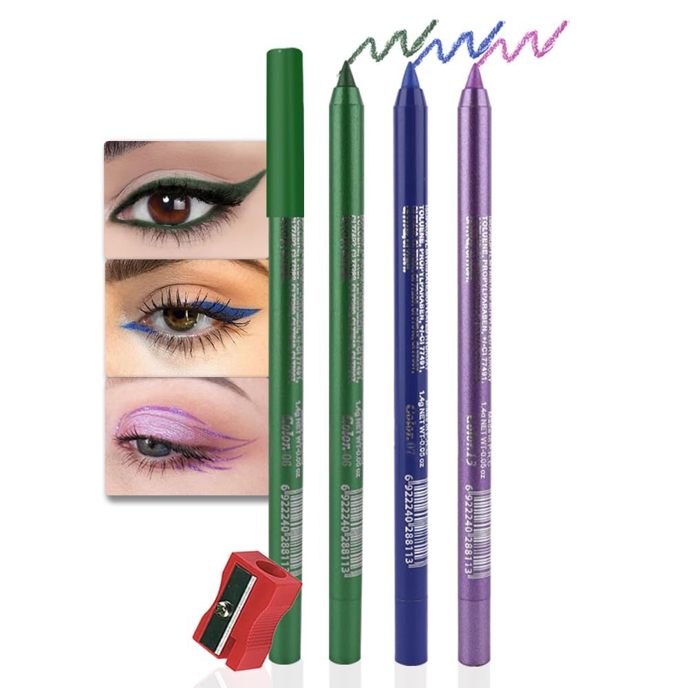 evpct 3Pcs Shimmer Emerald Green & Shimmer Royal Blue & Violet Gel Glitter Eyeliner Pencils Set for Women Waterproof Smudge Proof lapiz de ojos delineador de ojos contra el agua Eye Liner Makeup