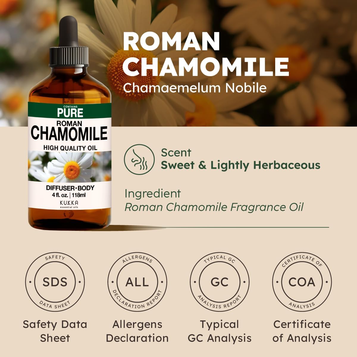 Kukka Roman Chamomile Essential Oil for Tranquil Retreats and Peaceful Relaxation - 4 Fl Oz - Soothing, Comforting and Calming, DIY Soap Making Scents