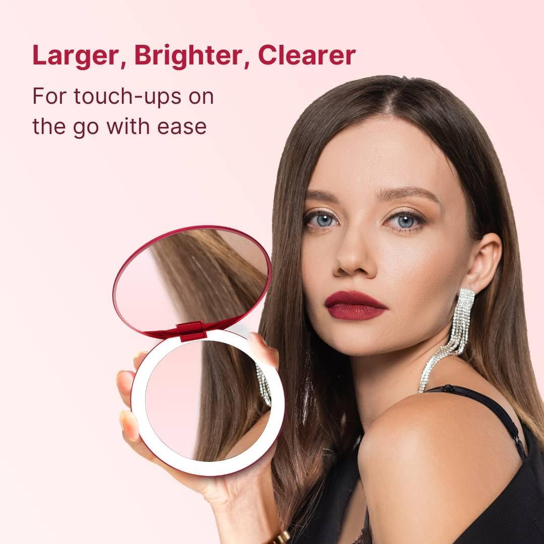 Fancii Taylor LED Lighted Travel Makeup Mirror, Rechargeable, 10x /1x Magnifying, Tru-Glow Light Technology, XL Large 5” Wide | Compact Mirror for Purses (Ruby Red)