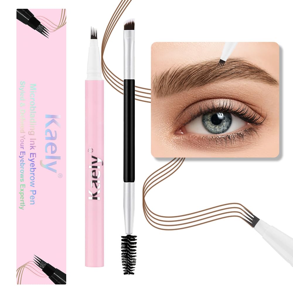 evpct 1Pcs Midium Brown Magic Microblading Eyebrow Contouring Pen Brow Pencil, with 4 Brush Micro-Fork-Tips Precise Applicator, Dual-ended Eyebrow Brush, Hair Like Strokes, Natural Looking Brows