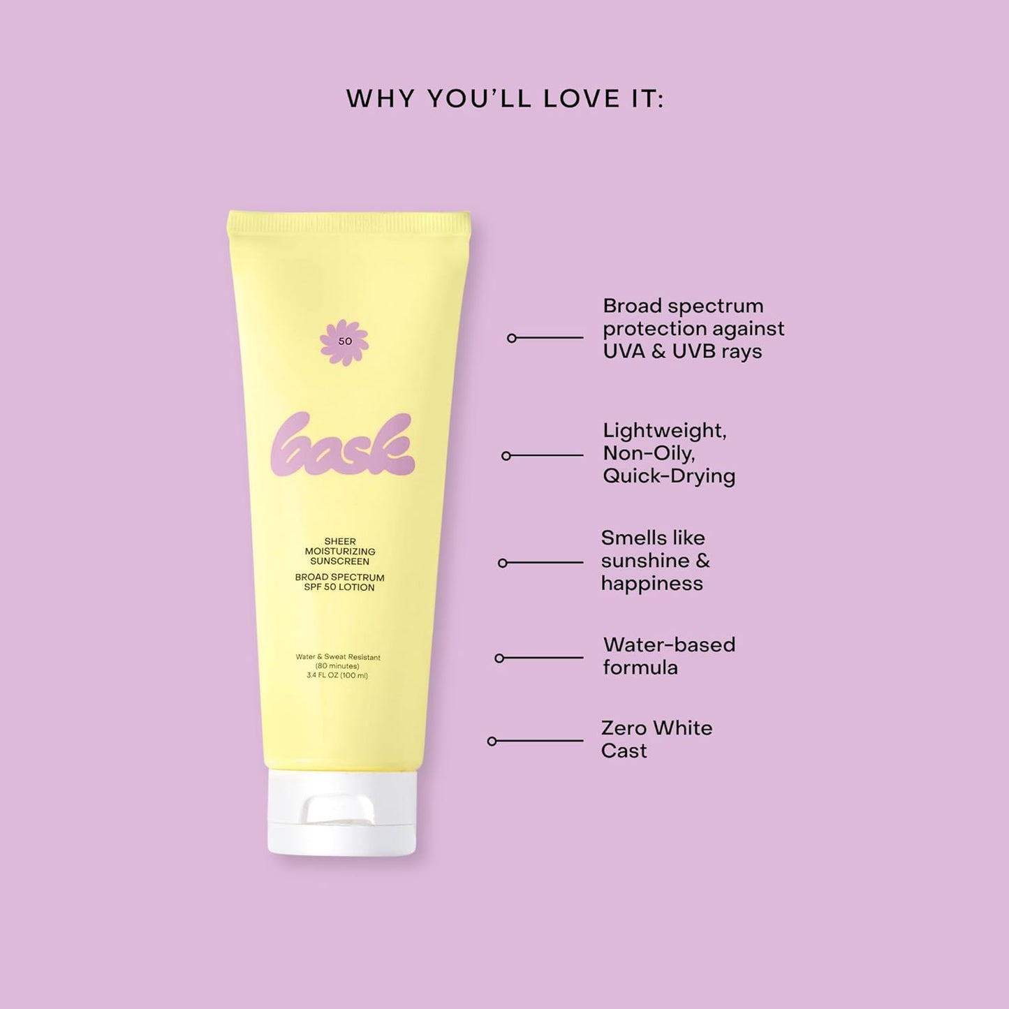 Bask Suncare SPF 50 Sheer Moisturizing Sunscreen Lotion - Broad Spectrum UVA/UVB Protection, Dermatologist Recommended, Hydrating, Lightweight & Fast Absorbing, No White Cast, Travel Size, 3.4 fl oz