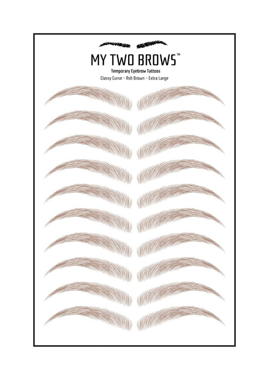 (10 pairs) Ash Brown Temporary Eyebrow Tattoo - Extra Large Size - Waterproof & Smudgeproof - Classy Curve Style Eyebrow Stickers - Sheet Lasts up to 30 Days - Won't Work on Existing Brows