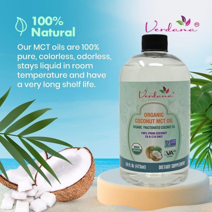 Verdana USDA Certified Organic Coconut MCT Oil – Fractionated Coconut Oil – No Palm Kernel Used – Kosher, Food Grade, Non-GMO – Great for Keto and Paleo Diets, Oil Pulling Rinse Mouthwash – 16 Fl Oz