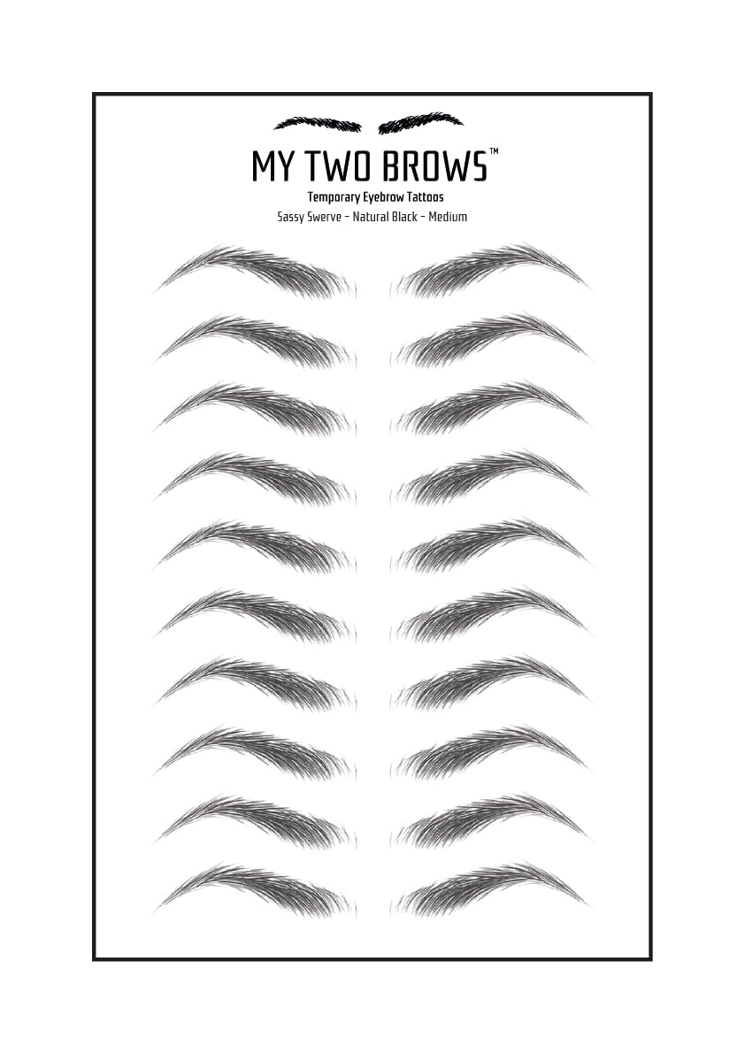 (10 pairs) Natural Black Temporary Eyebrow Tattoo - Medium Size - Waterproof & Smudgeproof - Sassy Swerve Style Eyebrow Stickers - Sheet Lasts up to 30 Days - Won't Work on Existing Brows