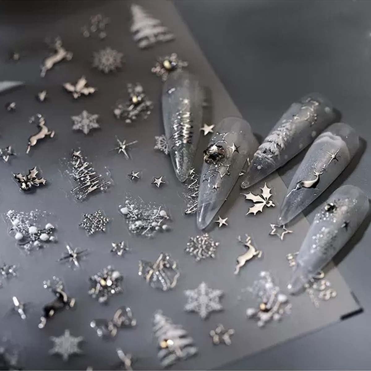 5D Embossed Christmas Nail Art Stickers Sliver Xmas Nail Art Decals Xmas Tree Nail Sticker Self-Adhesive Elk Snowflake Rhinestone Nail Decals for Women Winter Nail Supplies Manicure DIY