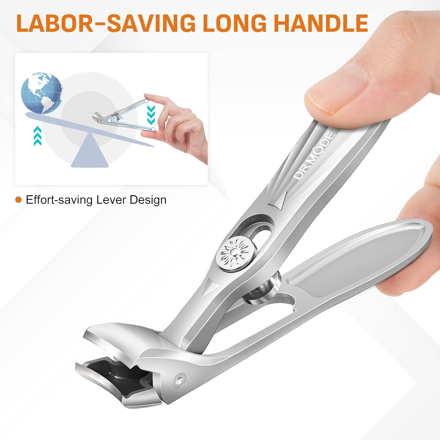 DRMODE Nail Clippers for Men Thick Nails, Angled Head Toe Nail Clippers for Thick Nails for Seniors, Wide Jaw Opening Toenail Clippers Heavy Duty Fingernail Clipper with Catcher Long Handle - Silver