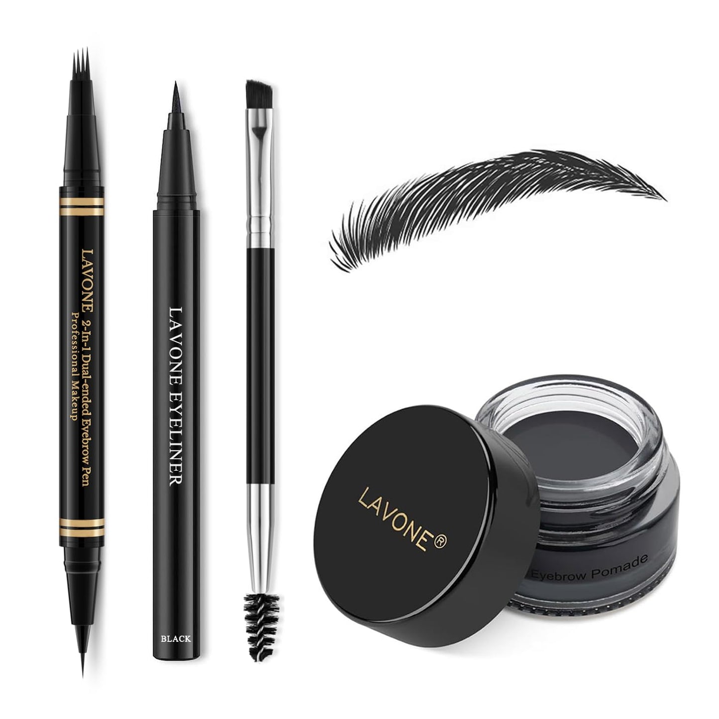Makeup Kit with 4 Tip Waterproof Microblading Eyebrow Pencil, Eyeliner, Pomade and Dual-ended Eyebrow Brush - Black