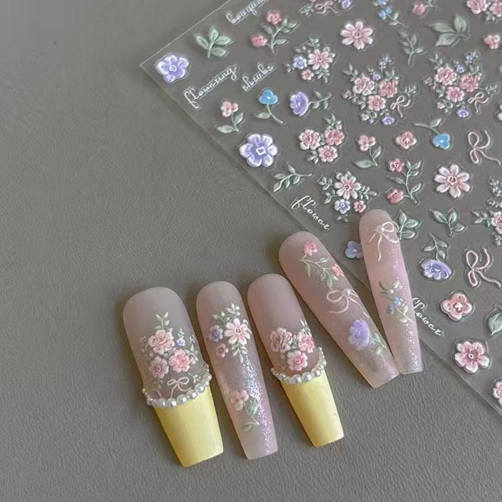 Flower Nail Stickers for Nail Art Colorful Nail Stickers Small Floral Nail Decals Self Adhesive 5D Embossed with Design Spring Manicure Supplies Charm for Women Girls Accessories