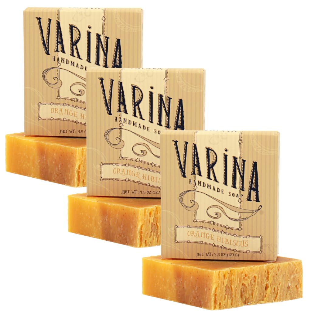 Varina Organic Orange Hibiscus Bar Soap - Gentle Cleansing for Sensitive Skin, Fruity - 3 Pack