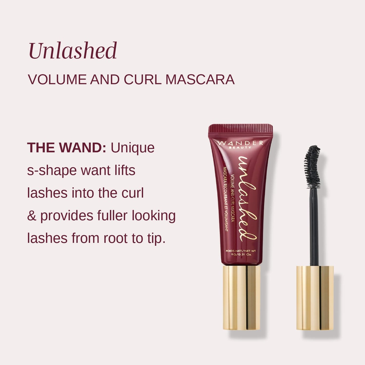 Wander Beauty Unlashed Volume & Curl Mascara - Volumizing, Lash Curling Mascara - 9 in 1 Multitasking Smudge-Proof Black Mascara - Nourish & Reduce Fallout With Peach Leaf, Vitamin E & B5 - 0.31 fl oz