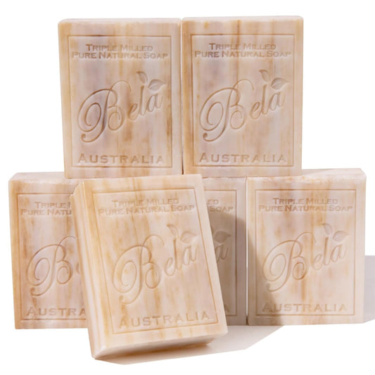 BELA Sandalwood Soap 3.3 OZ, Pack of 6 French Triple Milled Bar Soap with Organic Shea Butter, Hand, Face and Body Wash Bar, Made in Australia