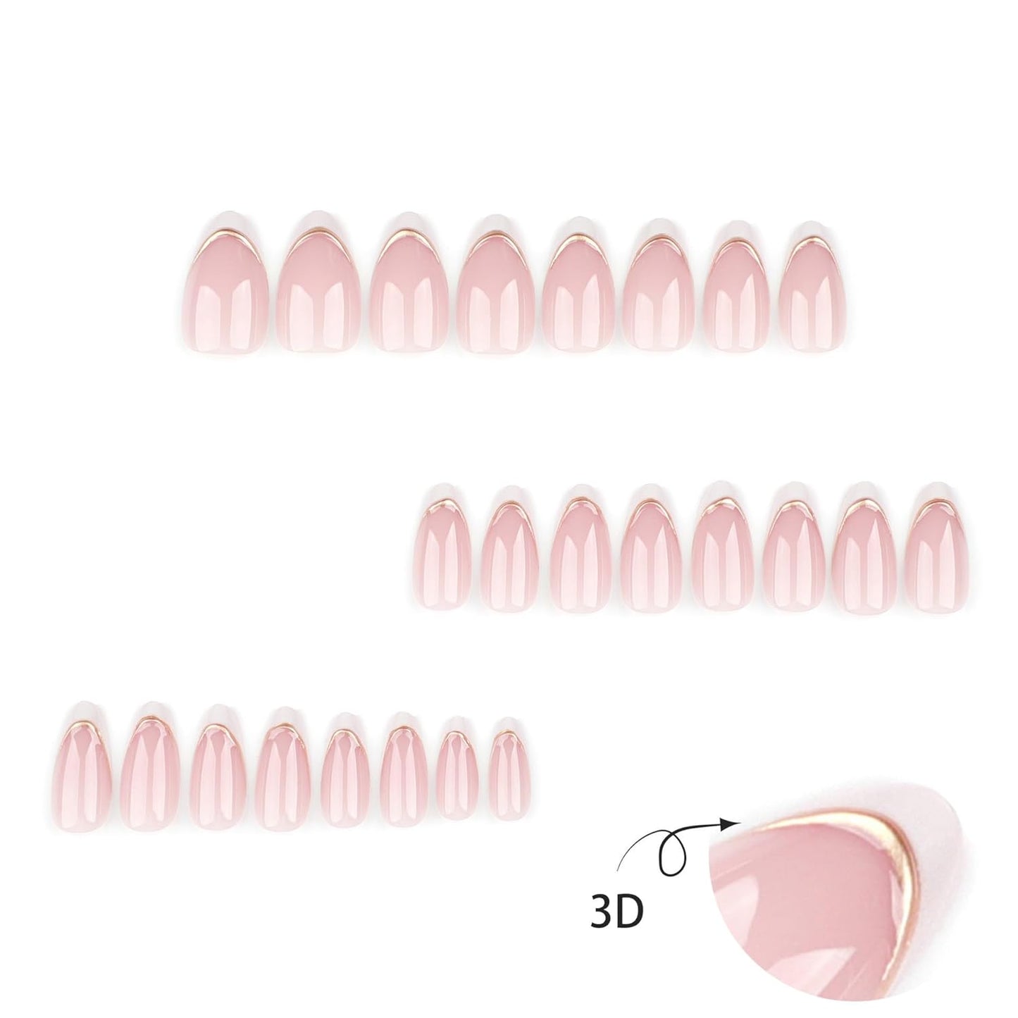 French Press On Nails Short Almond, Nude Fake Nails with White French Tip and 3D Minimalist Gold Line Design, Glossy Gel Finish Acrylic Nails, Natural Reusable Glue On Nails Kit for Women, 24Pcs