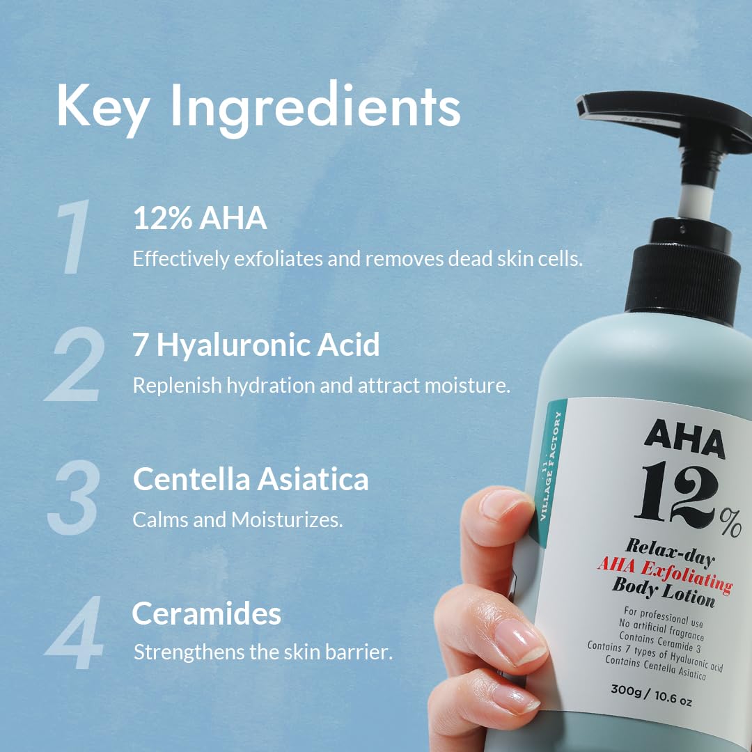 V11FACTORY AHA 12% Glycolic Acid Body Lotion – Korean Exfoliating & Hydrating Body Cream with Hyaluronic Acid & Collagen – Unscented, Paraben-Free Skin Smoothing Moisturizer, 10.6 oz