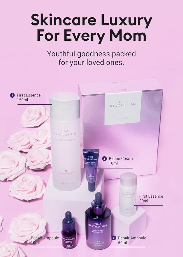 MISSHA Time Revolution Gift Set The First Essence 5X & Night Repair Ampoule 5X for Radiant, Youthful Skin