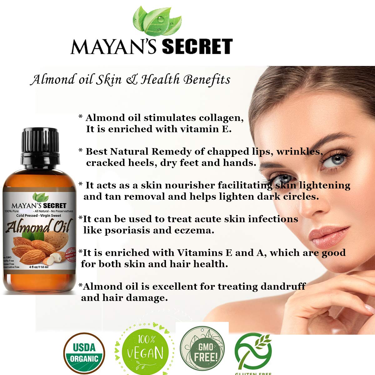 Mayan's Secret - 100% Organic Sweet Almond Oil for Skin Hair, Face - Cold Pressed Pure Almond Essential Oil (4 fl. oz.)