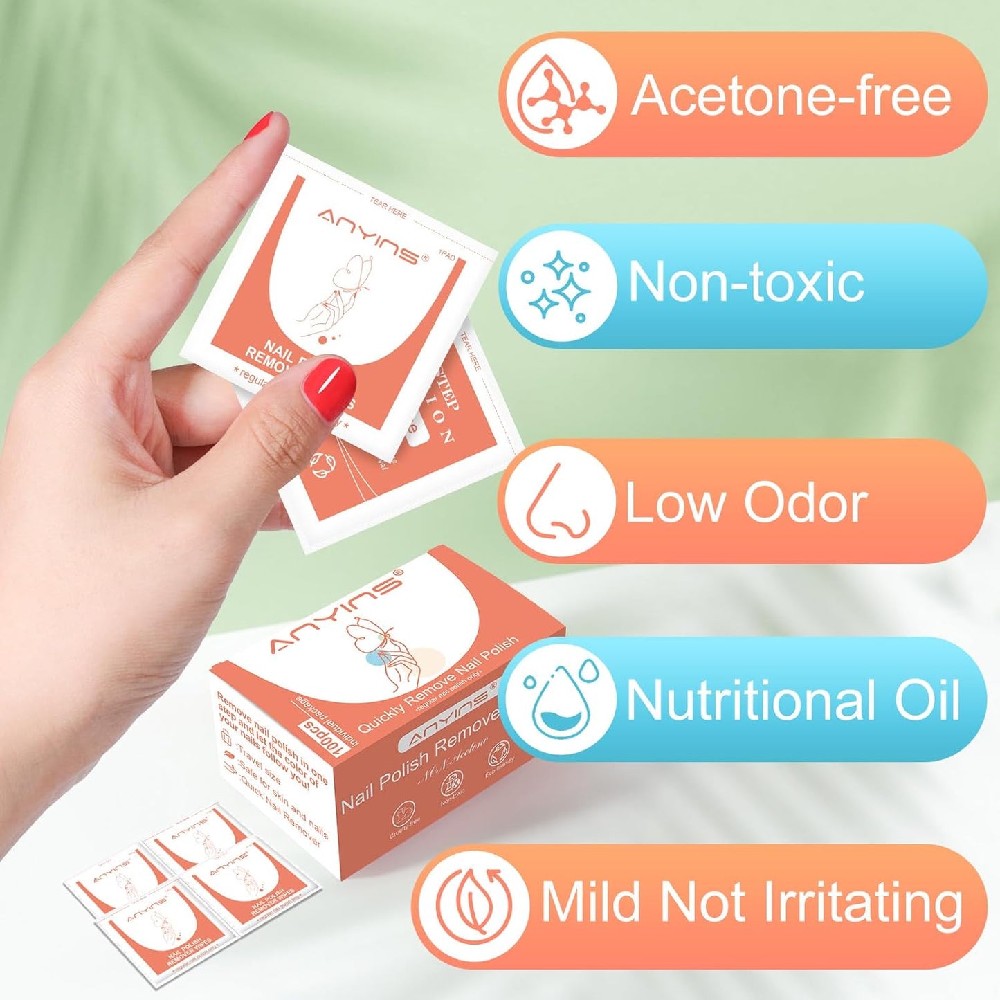 Nail Polish Remover Pads，100PCS Nail Polish Remover Wipes Fast Remove with Nutrition Oil Individually Wrapped Professional Nail Salon and Home Use