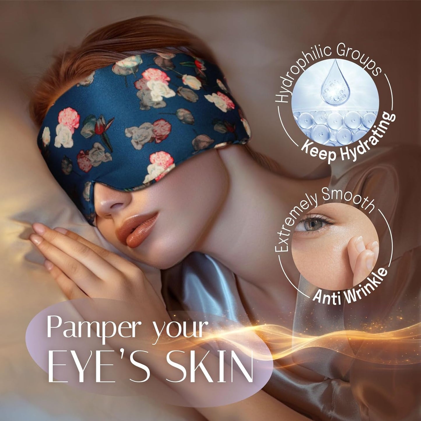 Silk Sleep Mask Soft Pressureless: 100% Mulberry Silk for Eye Skin Anti Wrinkles, Large Size for Total Blackout, Adjustable Wide Velcro Ear Cover, Print