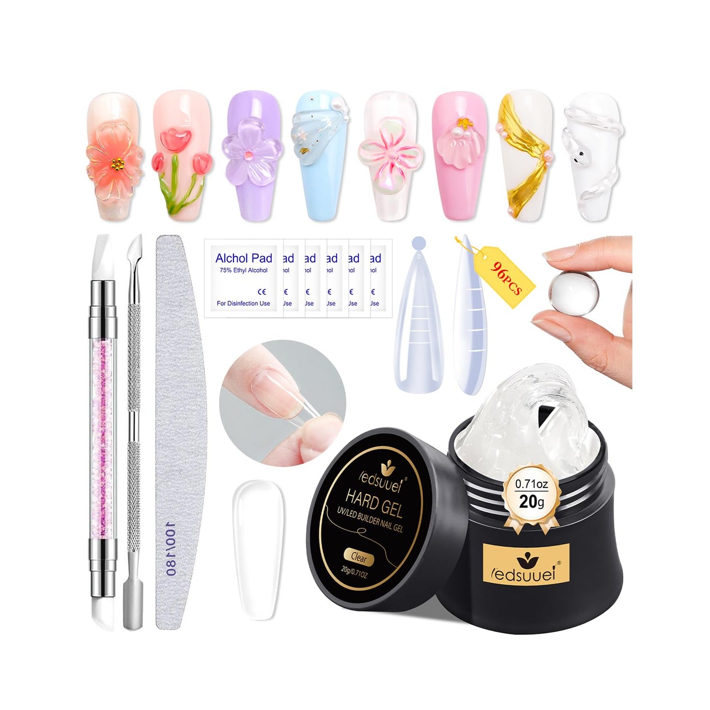 Solid Builder Gel for Nails LEDSUUEI - Clear 3D Nail Gel Sculpting Non-Sticky Hand Carving Glue Extension with 96PCS Extension for Manicure Salon Home Decoration DIY 20g