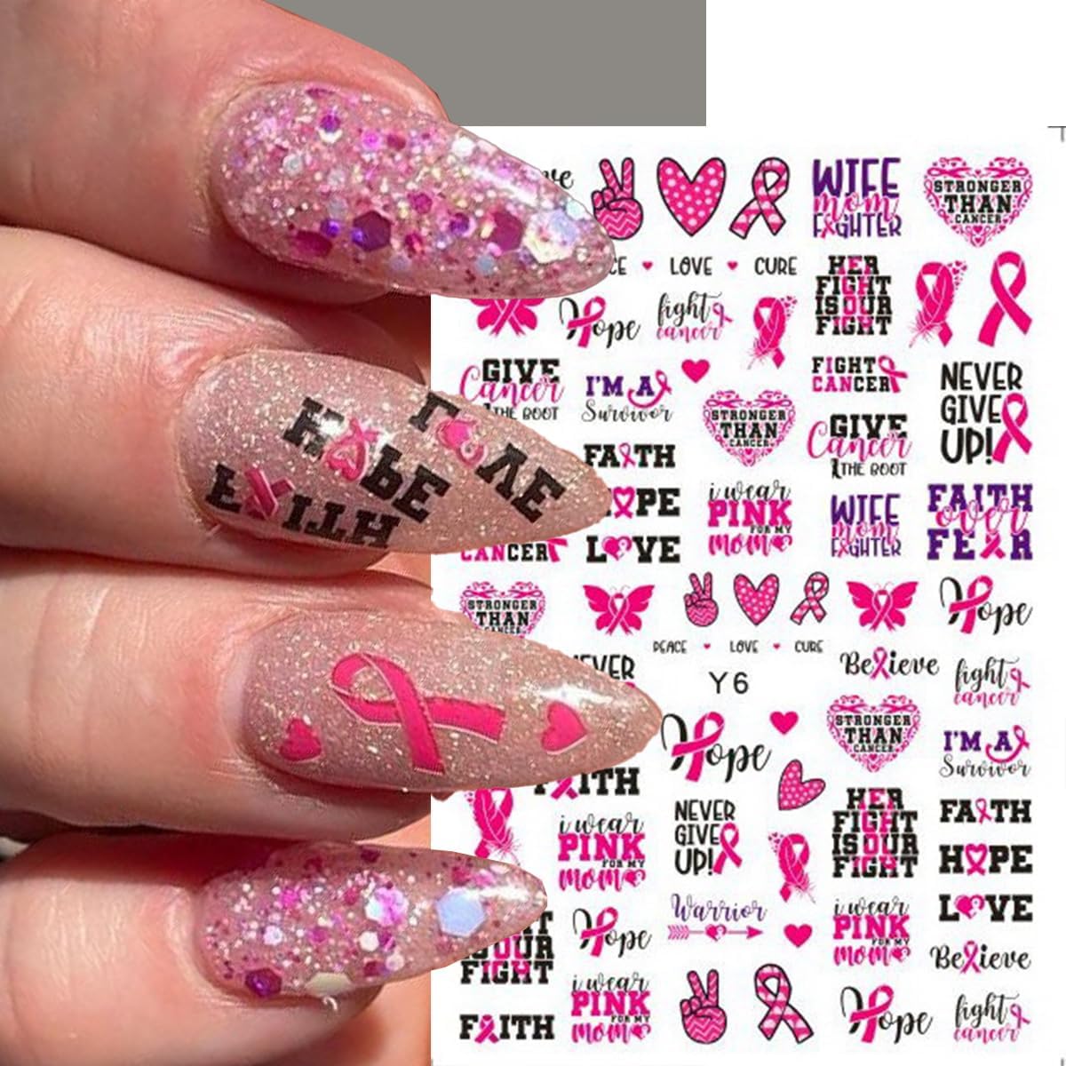 Breast Cancer Nail Stickers Pink Ribbon Nail Decals 3D Self-Adhesive Nail Art Stickers Heart Flower Letter Love Design Concern Female Awareness Manicure Supplies for Women 6 Sheets
