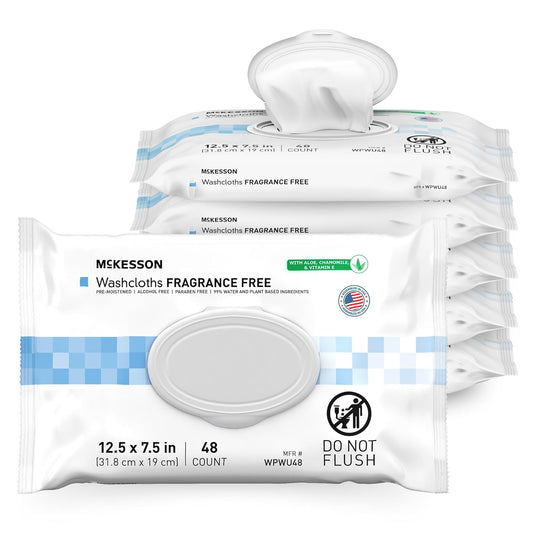 McKesson Washcloth Wipes for Adults, Unscented (6 Pack, 288 Washcloths) Disposable Wash Cloths for Body - Fragrance-Free No-Rinse Formula - Good for Incontinence and Elderly - 48 Wipes Per Pack