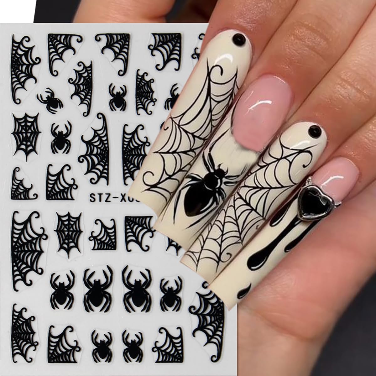 Halloween Nail Stickers Black Nail Decals Self-Adhesive Nail Art Stickers Spider Web Heart Star Moon Bat Design Spider Nails Sticker for Nails Art Decor Holiday Party Manicure for Women 8 Sheet