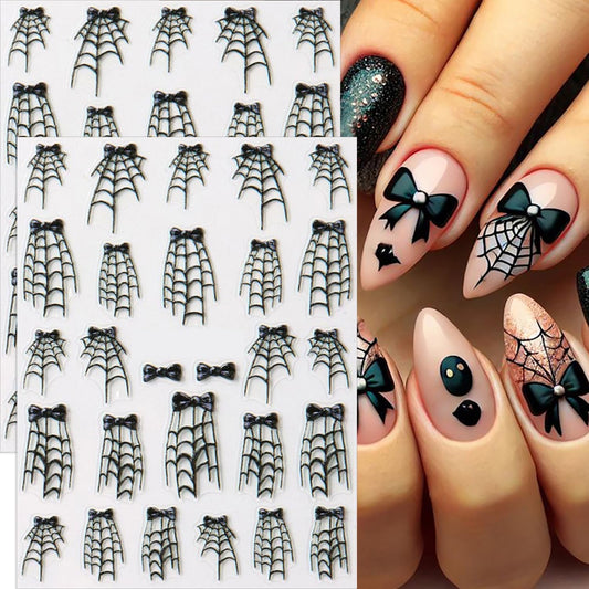 Spider Web Nail Stickers 5D Embossed Halloween Nail Decals for Press Ons 2PCS Self-Adhesive Black Cobweb Bow Design Halloween Nail Charms Holiday Nail Decorations Nail Art for Women DIY Manicure