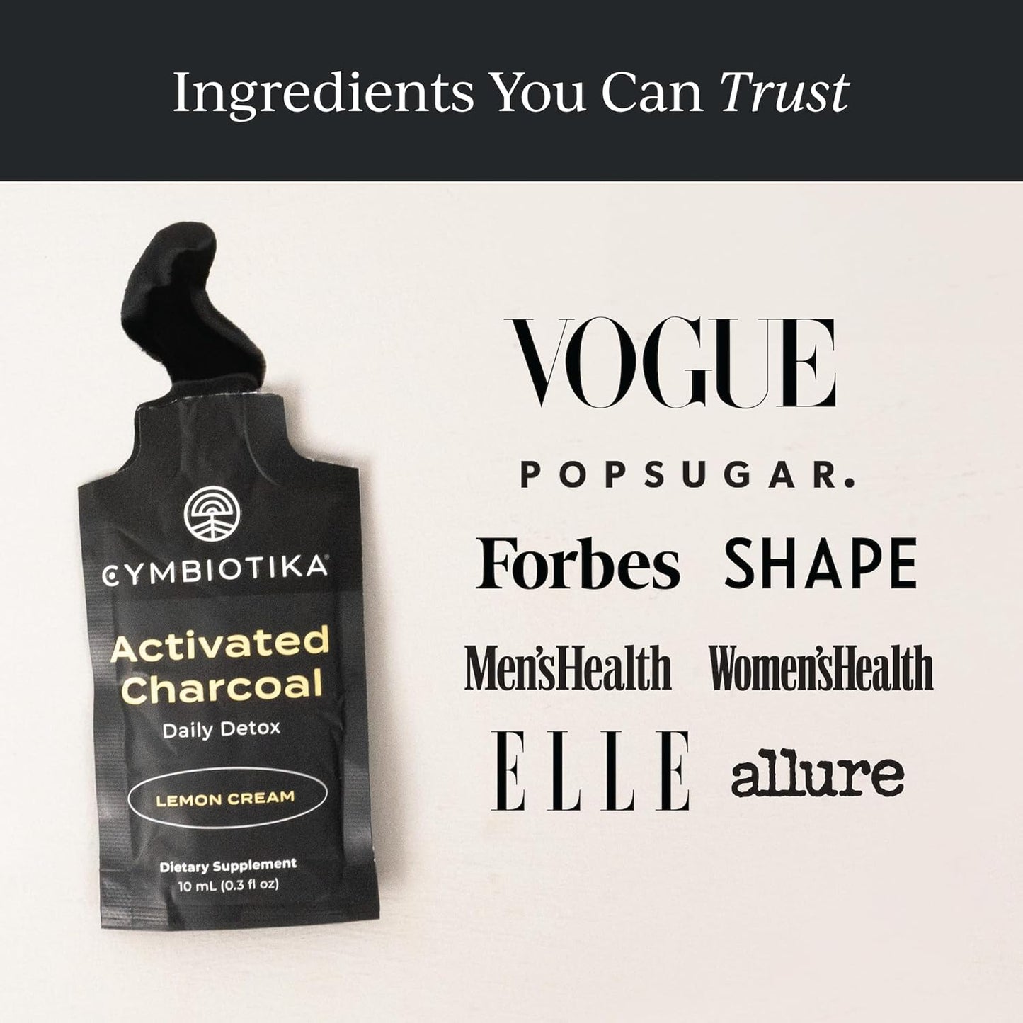 CYMBIOTIKA Activated Charcoal Liquid Supplement Packets from Coconuts for Bloating, Gut Health & Digestive Support, Helps Detox, Vitamin E, Lemon Cream Flavor, Vegan, 26 Pack