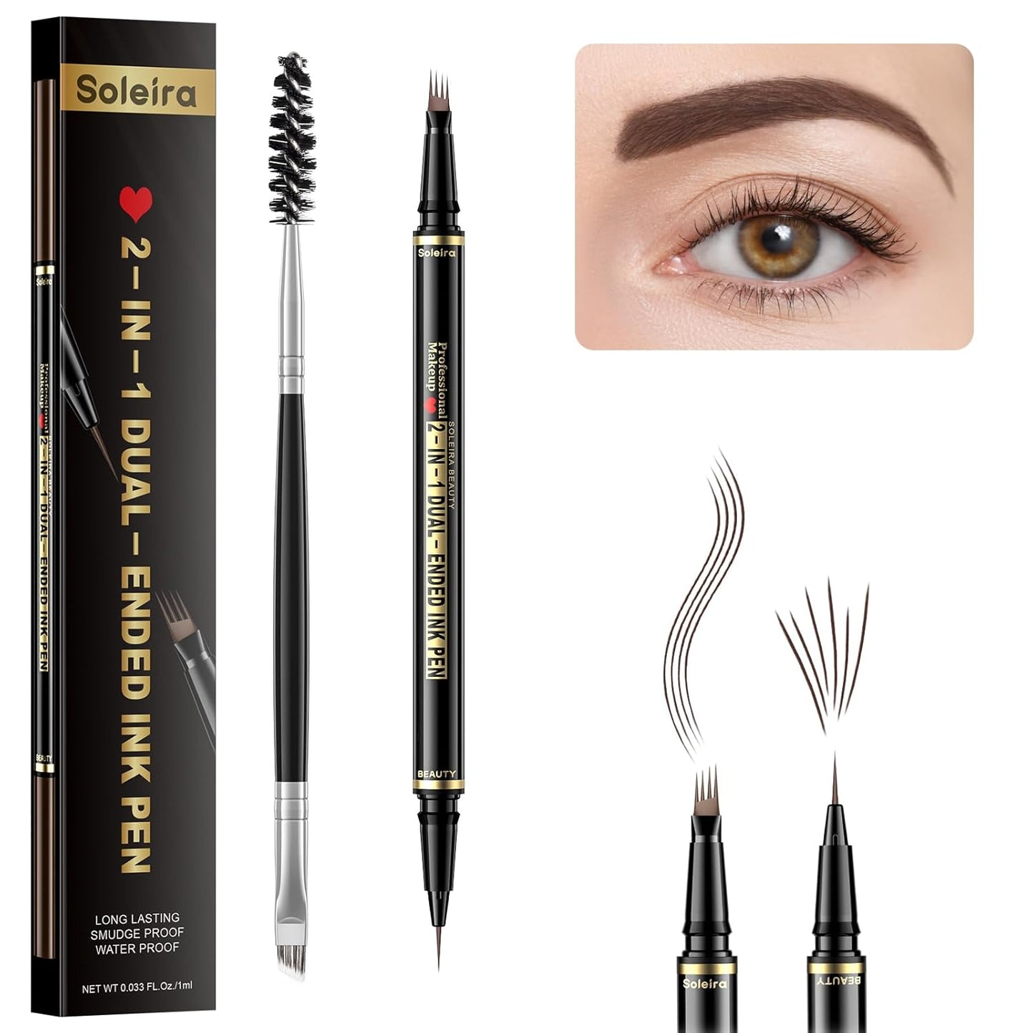 Eyebrow Pen, Soleira Waterproof Eyebrow Pencil with 4 Tip Microblading Eyebrow Pen and Dual-ended Eyebrow Brush, for Natural-Looking Brows, Long-Lasting, COCO Dark Brown