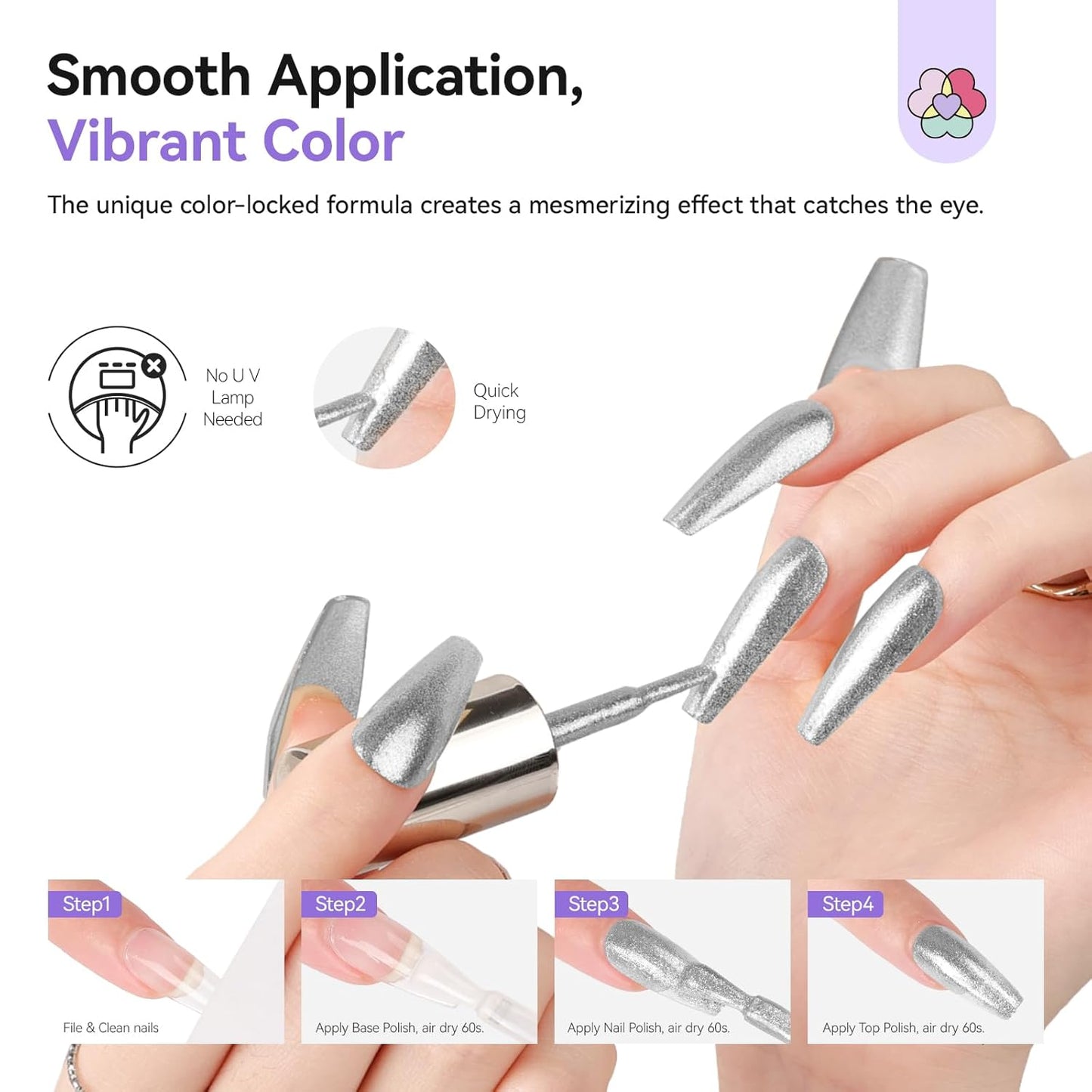 SAVILAND Color Artistry Sparkle Silver Nail Polish - 7 Days Shimmer Glitter Fingernail Polish Non Gel, Air Quick Dry Long Last Shine Diamond Silver Nail Lacquer Toe Nail Art Salon Manicure Home