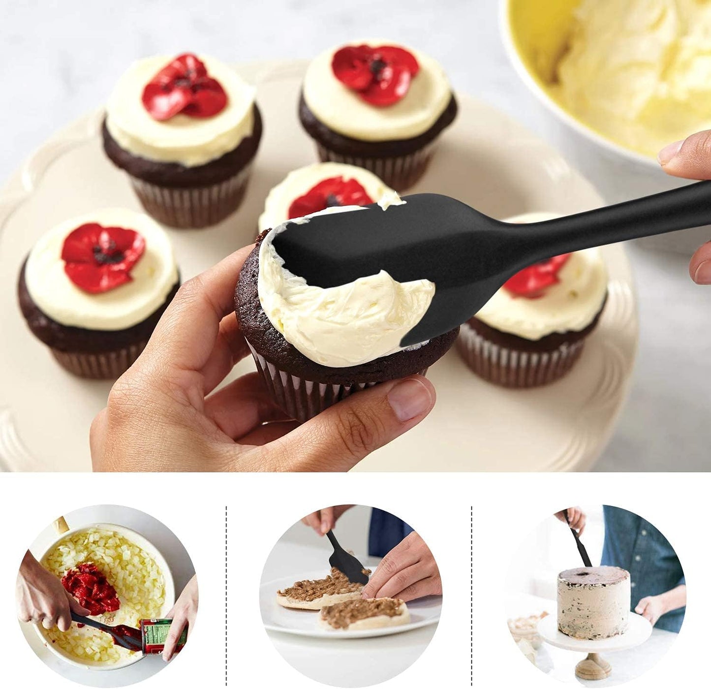 HOTEC 600℉ Heat Resistant BPA-Free Silicone Rubber Spatula Set,Kitchen Cooking Spatulas, Baking, Mixing for Non Stick Cookware, Dishwasher Safe, Black Set of 5