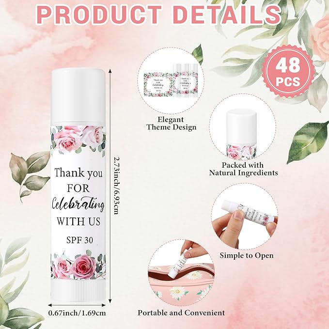 48 Pack SPF 30 Sunscreen Lip Balms Bulk Thank You for Celebrating with Us Sunscreen Care Lip Balm Sticks Wedding Party Favor Baby Bridal Shower Party Supplies Thank You Gifts for Guest