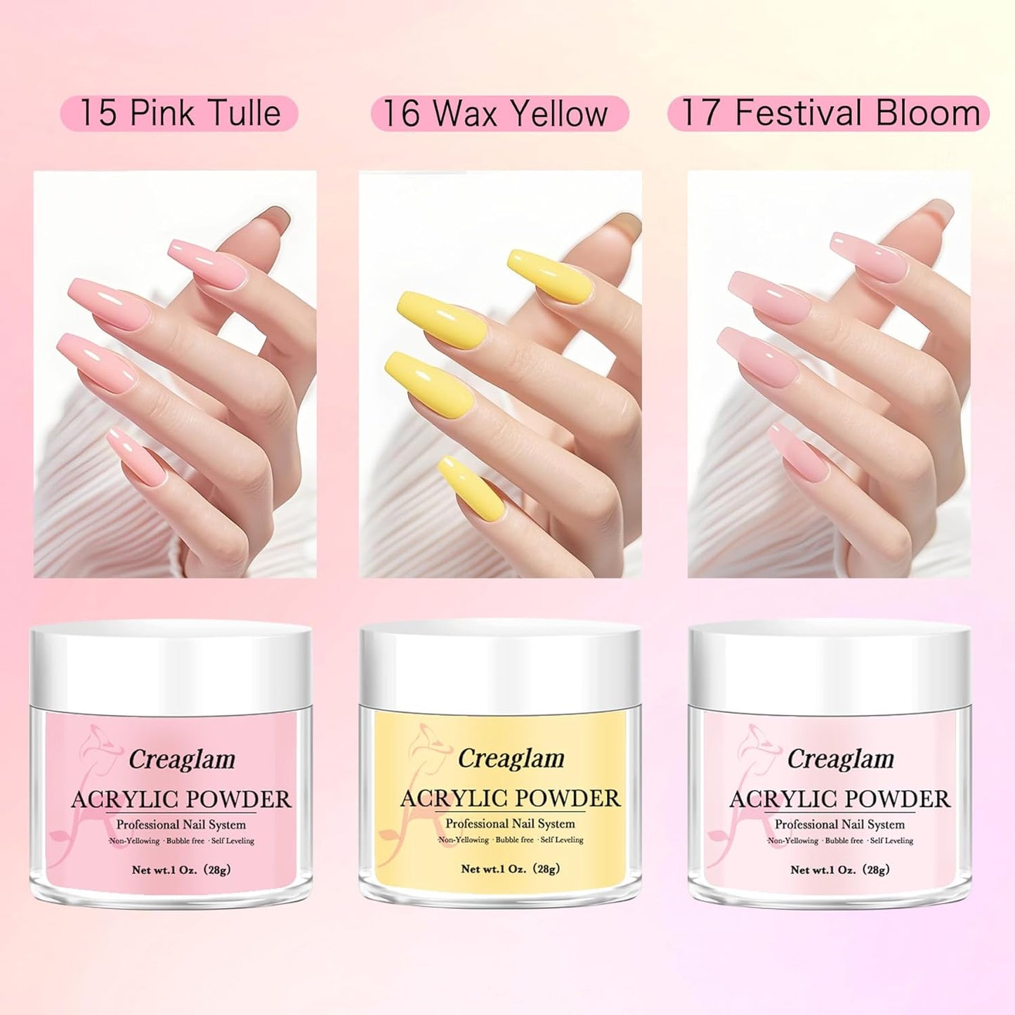 Professional Acrylic Powder for Nail: Large Capacity 3 Colors Pink Tulle Wax Yellow Festival Bloom Acrylic Nail Powder Polymer for Carving Nails - 28g 3D French Nail Manicure Extension