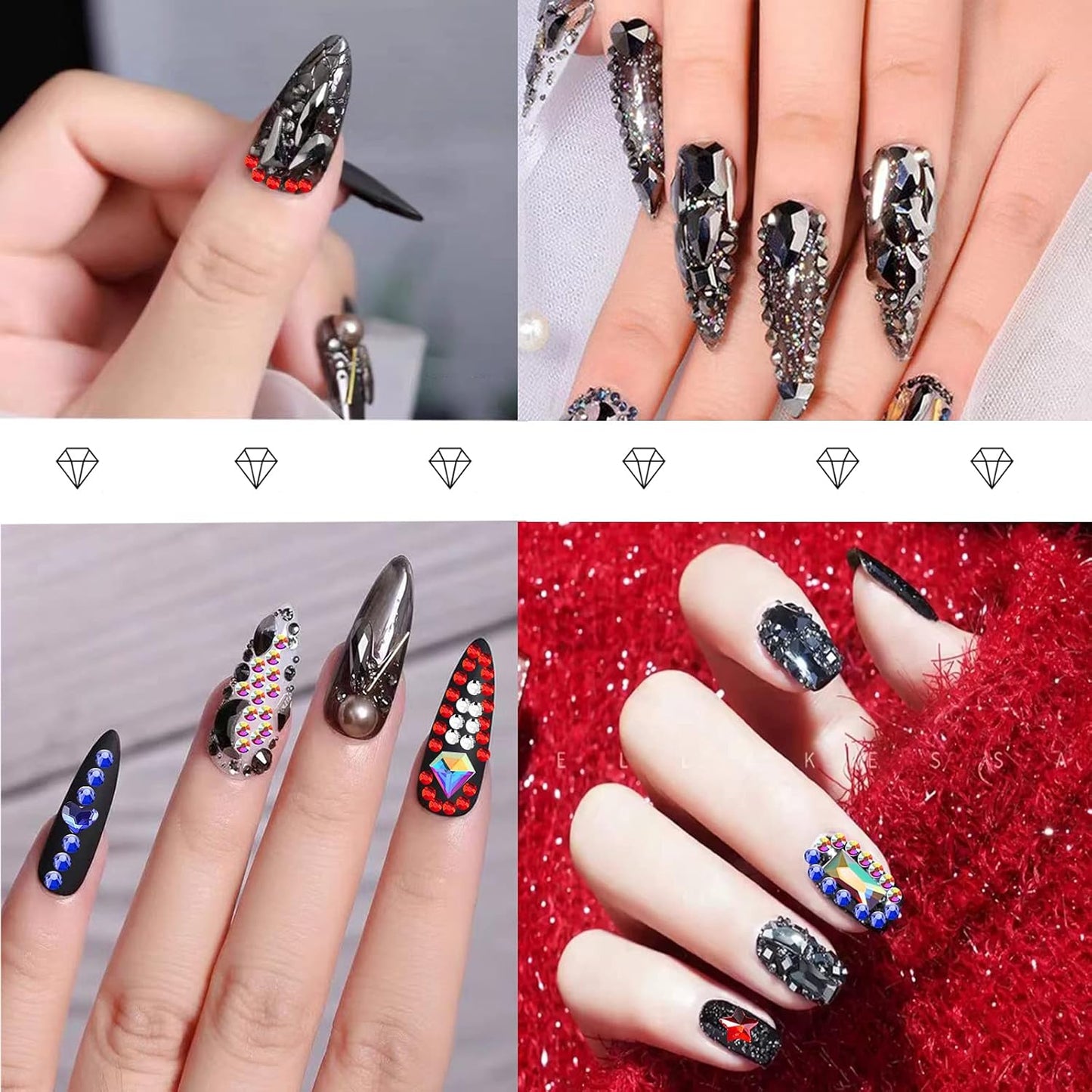 3100Pcs Flat Back Rhinestones for Nails, HOINCO Black Rhinestones for Nails, Mix 20 Styles Flatback Rhinestone/Gems, 600 Diamonds + 2500 Round Rhinestones Beads for Nail Crafts with Tweezers Pen