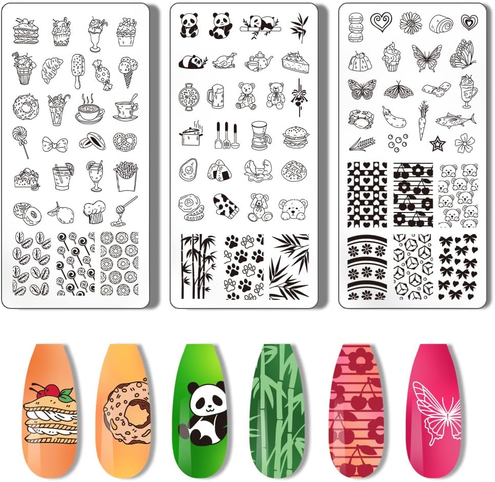 PH PandaHall 3pcs Panda Nail Stamper Food Nail Art Stamping Plate Cake Nail Printing Plate Animal Nail Stencils Print Nail Stencils Stainless Steel Nail Image Plates for Nail Design Manicure Salon