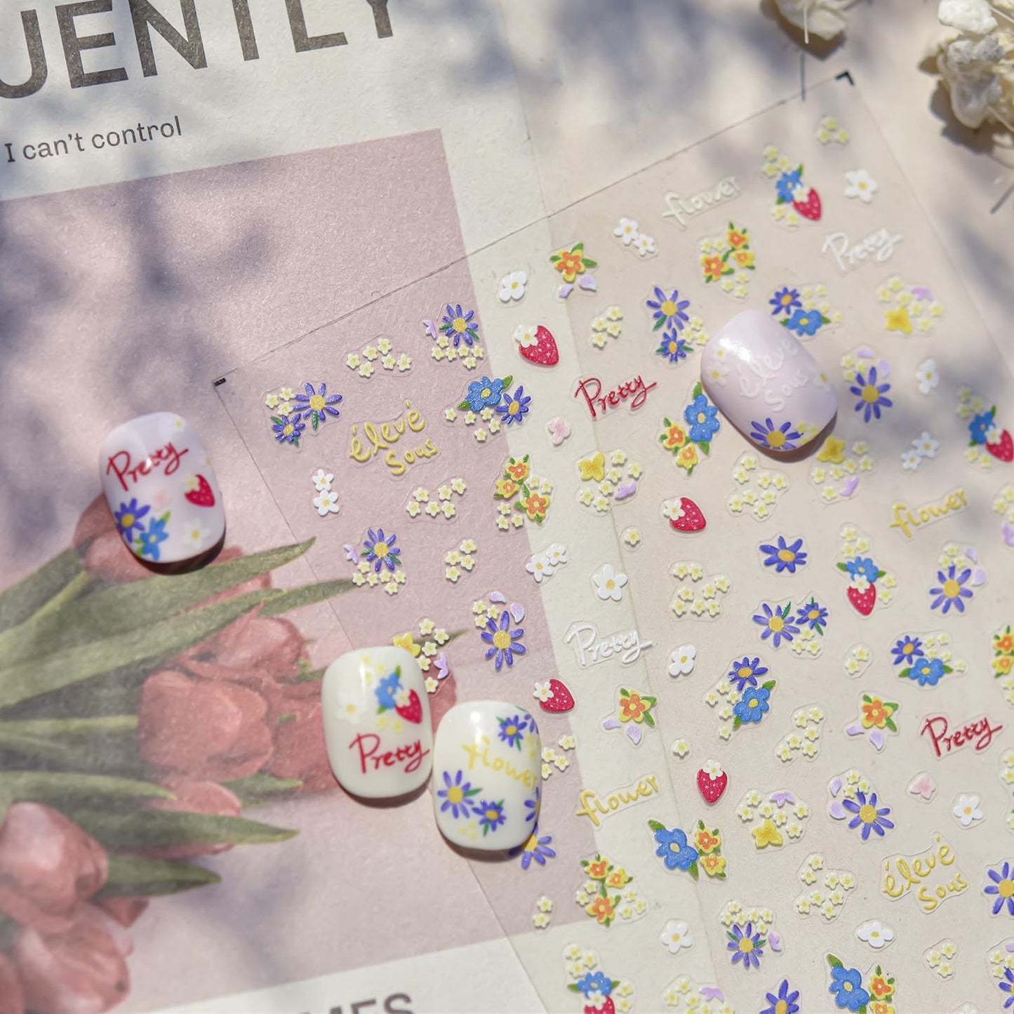 Flower Nail Stickers for Nail Art Strawberry Nail Stickers Summer Cute Floral Pink 5D Embossed Concise Nail Decals Self-Adhesive Nails Supply Manicure Sliders Flower for Women Nails Decoration