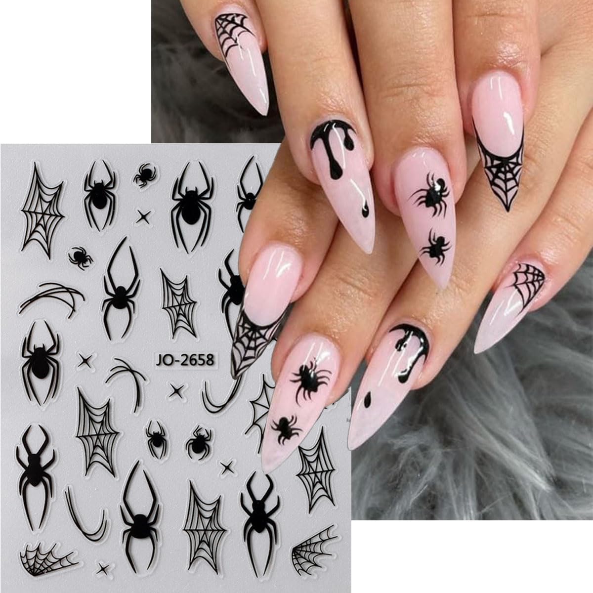 Spider Web Nail Stickers 3D Self Adhesive Nail Decals Halloween Nail Art Stickers Black Red Spider Star Design Cute Nail Sticker for Nail Art DIY Holiday Salon Manicure Accessories for Women 8Sheets
