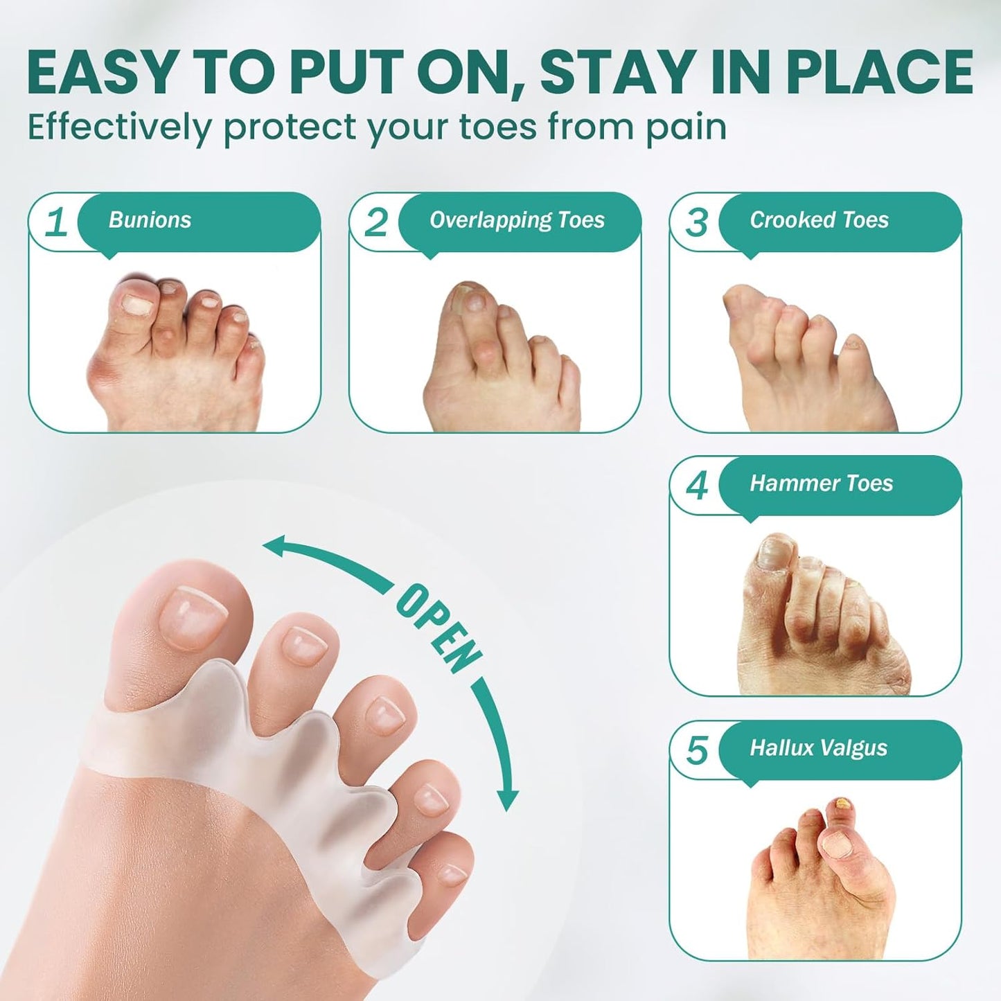 Welnove Toe Spacer Bunion Corrector - 8 Pcs Tea Tree Oil Infused Gel Toe Separator to Restore Hammertoes,Bunion Pads for Women Men, Fits for Yoga Practice