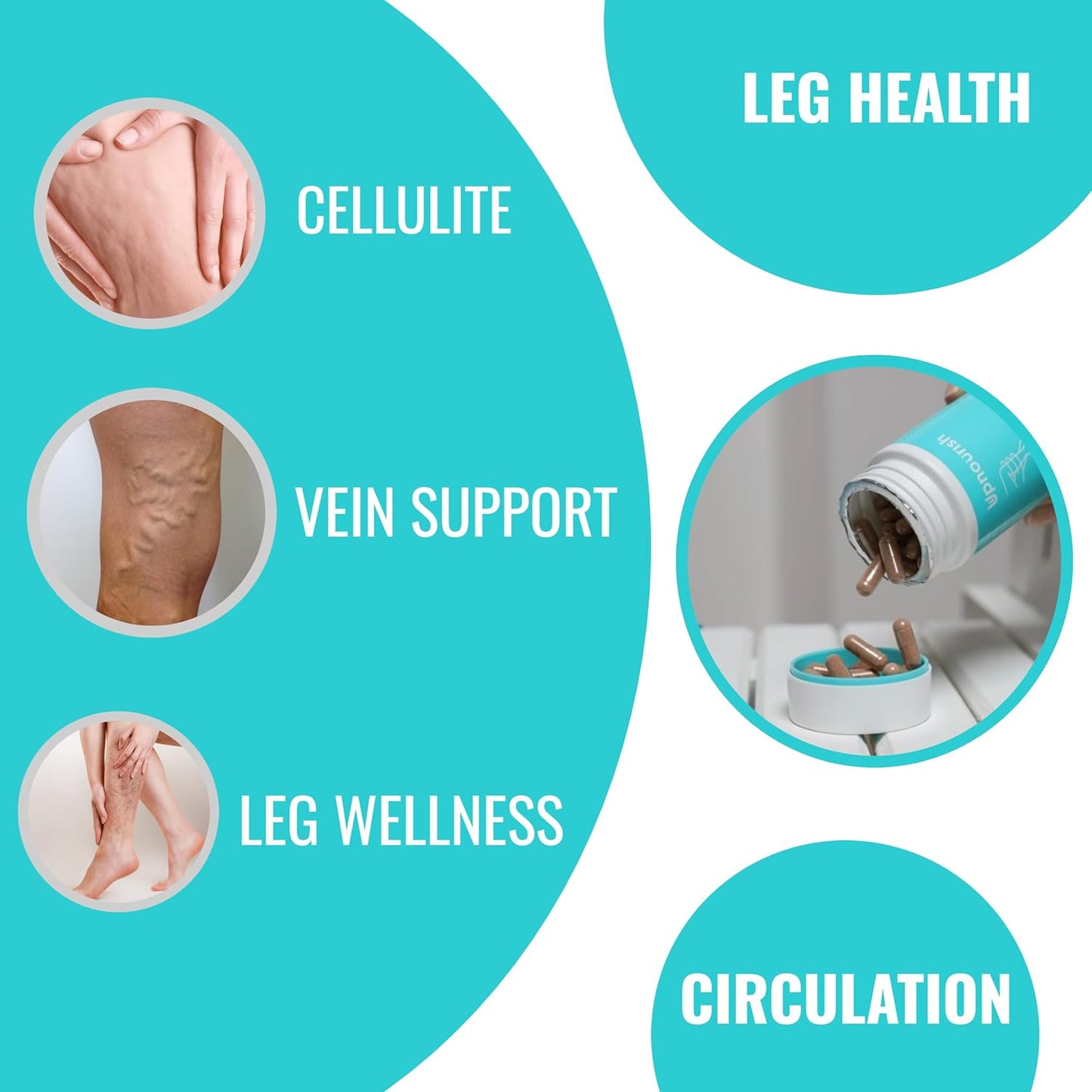 UpNourish Cellulite Vein Health Supplement with Caviar Collagen, SOD DIMPLESS, MOROSIL, Butchers Broom, Horse Chestnut, Leg Wellness and Circulation Support 90ct