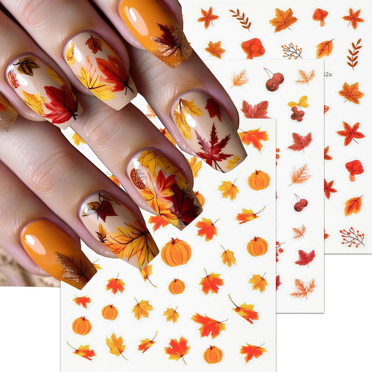 6 Sheets Autumn Nail Art Stickers Fall Maple Leaves Nail Stickers 3D Self-Adhesive Thanksgiving Pumpkin Pattern Nails Sticker Fall Glitter Leaf Nail Decals Holiday DIY Nails Manicure for Women