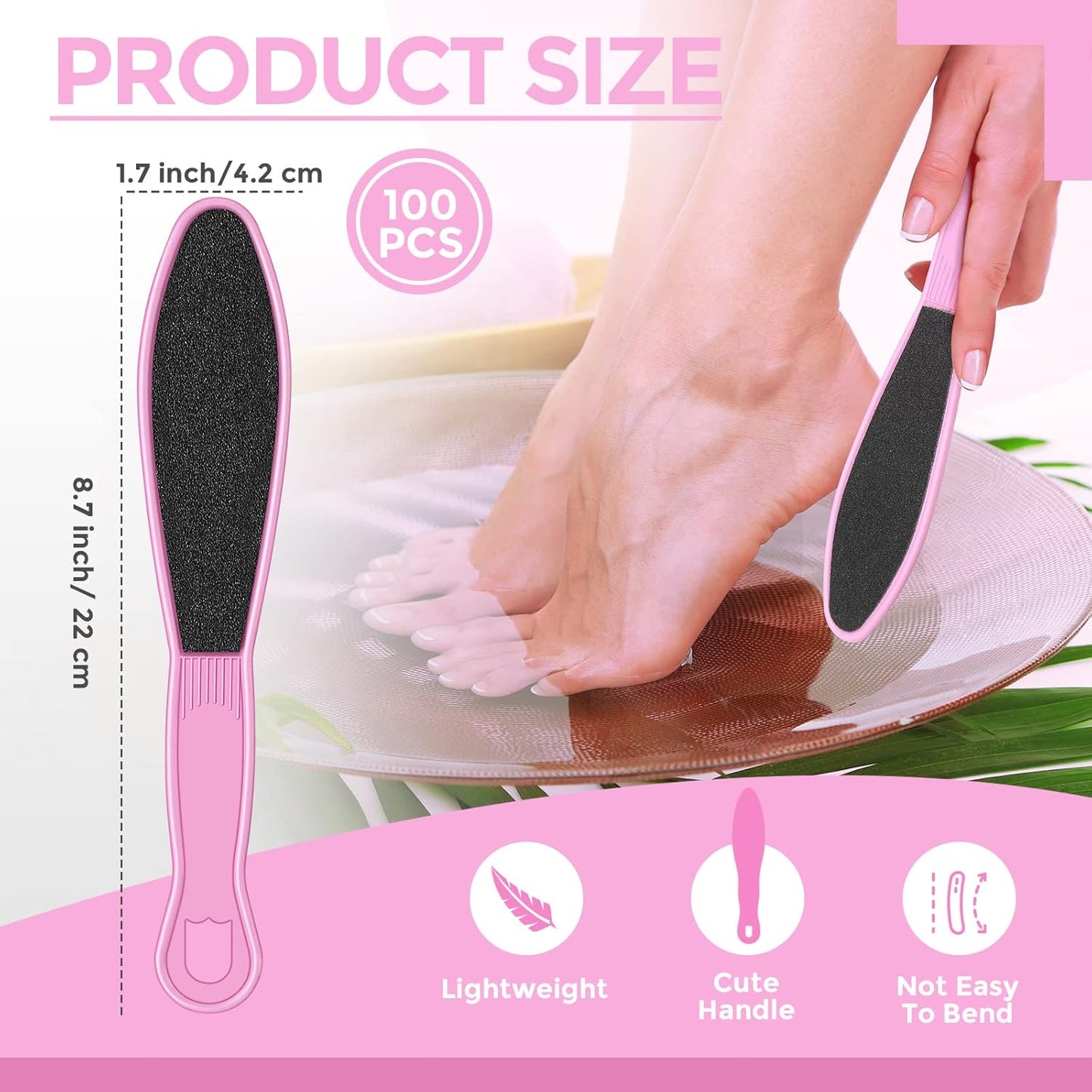 100 Pcs Pedicure Foot File Double Sided Callus Remover Sandpaper Foot Heel Rasp Tool for Dead Skin Foot Sander Foot Scraper Scrubber with Plastic Handle for Feet Spa (Pink)