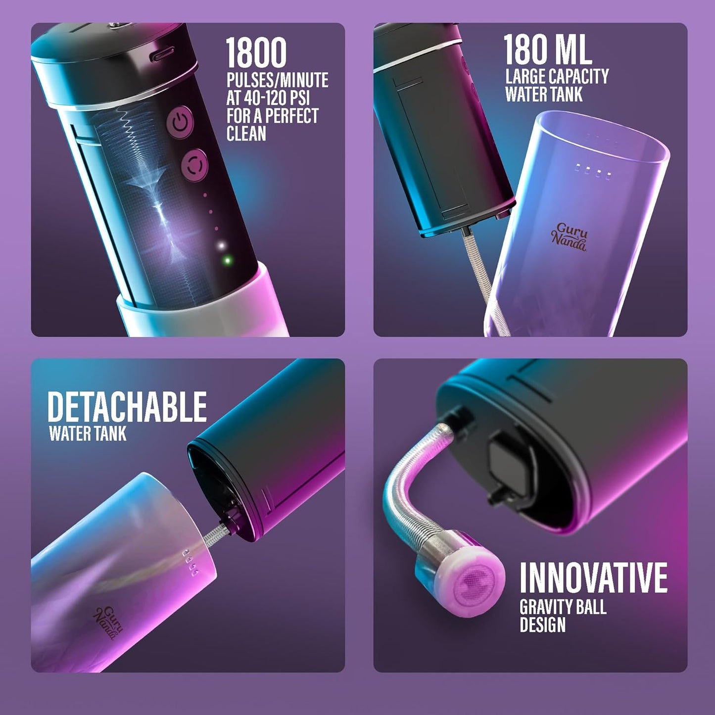 GuruNanda Compact Water Dental Flosser, Portable Travel Size Oral Irrigator Flosser with Collapsible 180 ml Tank, Smart Timer, 4 Flossing Modes, TSA-Approved - Black