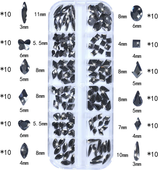 Nail Rhinestones - 3D Multi Shape Size, Flat Back, Crystals Manicure Rhinestones Charms, Transparent Gray Nail Gems, with Kit, for Nail Art, Bedazzling Acrylic Nails, DIY Decor