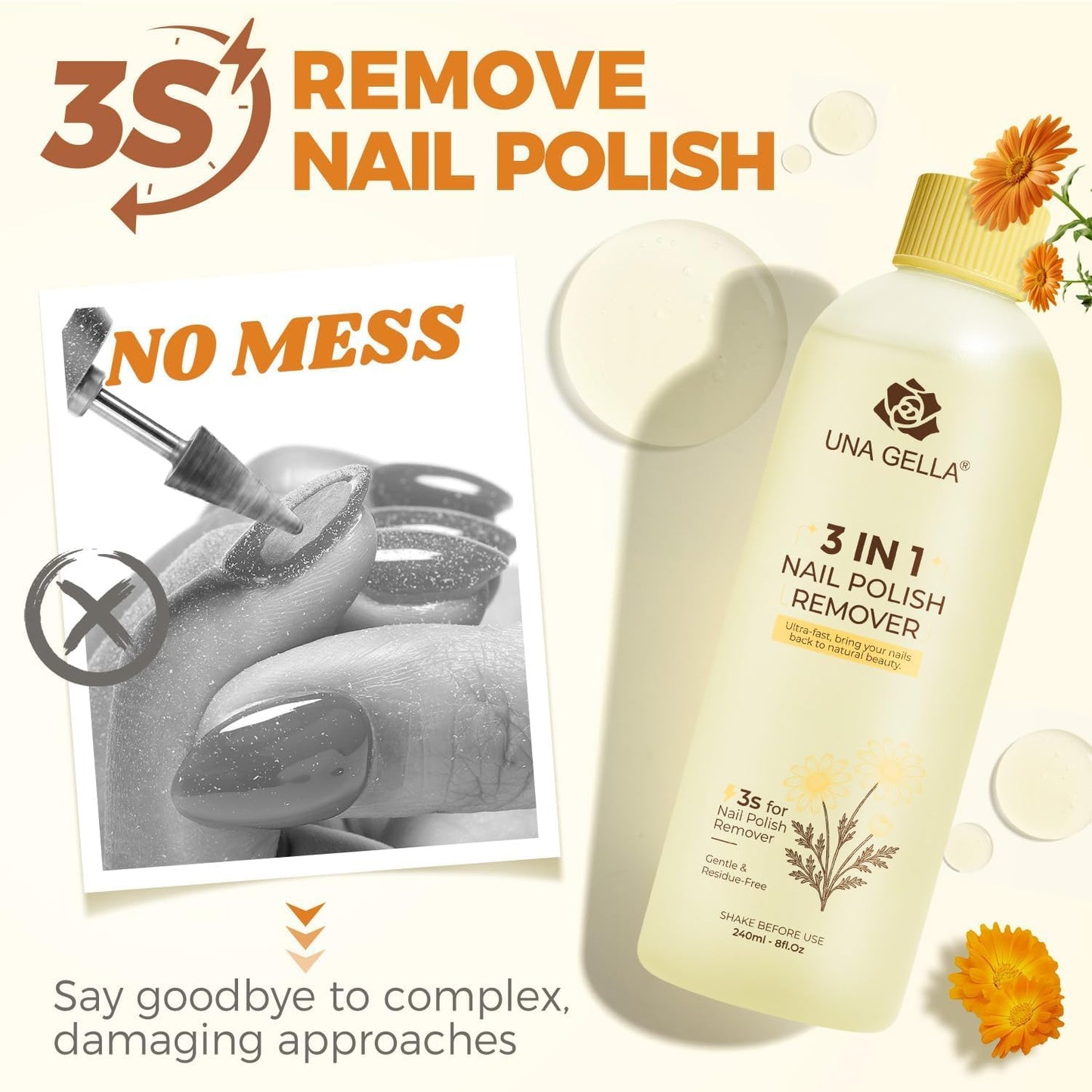 UNA GELLA Acetone Nail Polish Remover, Soak Off Gel Nail Polish Remover With Easy Use Cap, Healthy Formula Works For Acrylic Nail Glue 8 Fl Oz, Calendula Scent