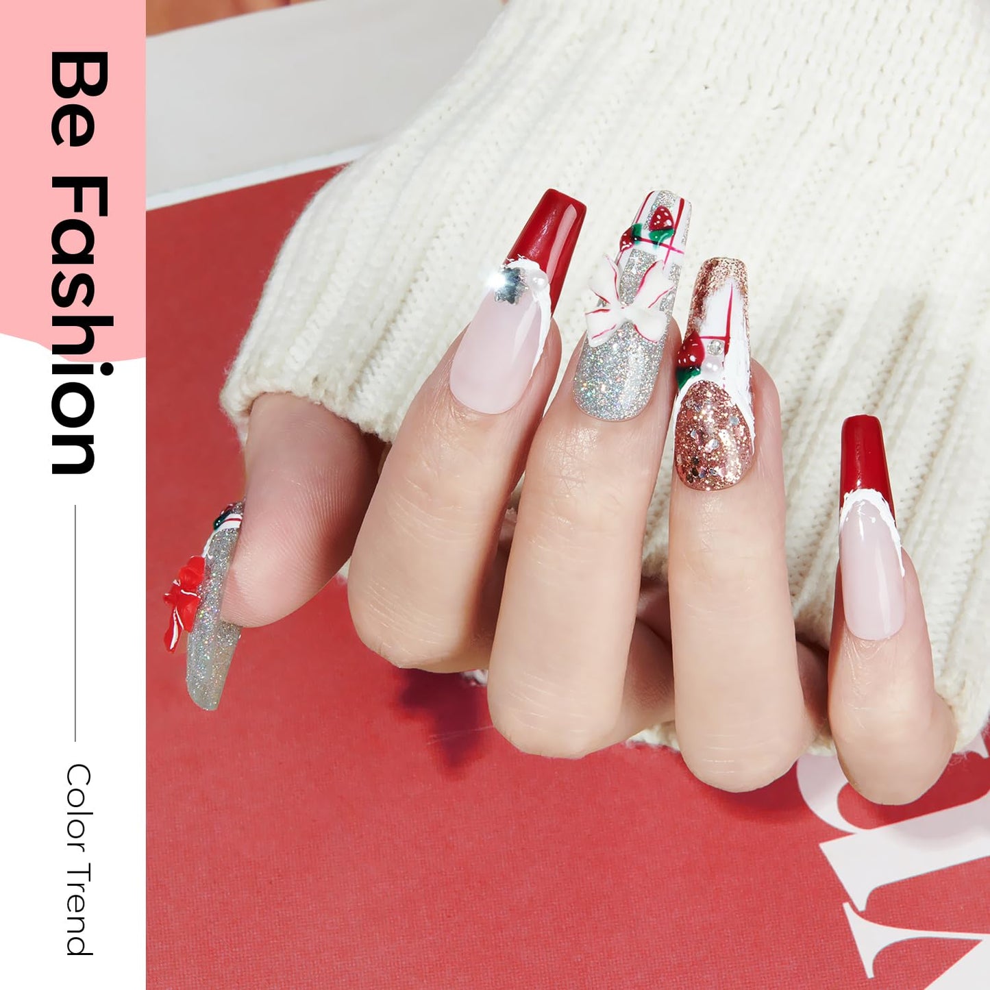 modelones Red Gel Nail Polish Set 6 Colors, 2025 Fall Winter White Glitter Sparkle Bright Burgundy Dark Rose Champagne Silver Candy Cane Nail Polish Kit Soak Off Nail Art Salon DIY Gift Women