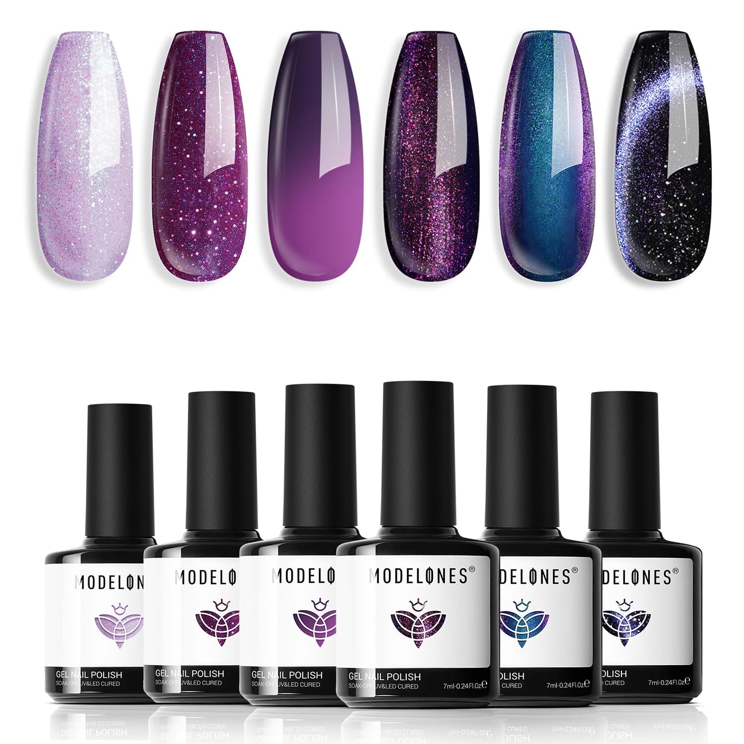 modelones Gel Nail Polish Set, 6 Colors Fall Winter Purple-Red/Black/Blue Sparkle Chameleon Glitter Gel Polish Purple-Black Color Changing 9D Cat Eye Nail Polish With Magnet LED Nail Art DIY Gift