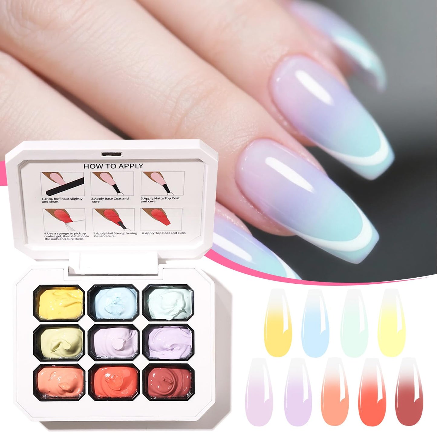 Ombre Gel Nail Polish with Nail Art Sponges for Pat Gel Ombre Color Palette Blush Effect Gradient Painting Gels 9colors for Ombre Nails Multistyle French Manicure DIY