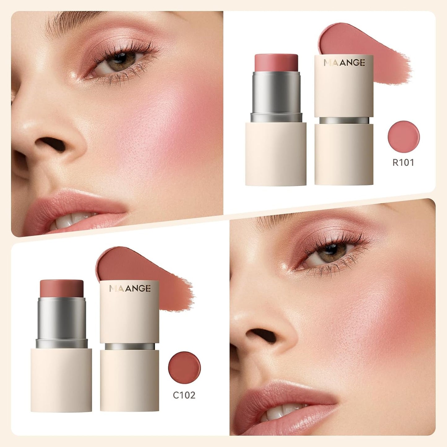 MAANGE Multi-Use Blush Stick, All-in-One Cream Blush for Cheeks, Eyes & Lips Long-Wearing, Blendable Makeup Blush Stick, Creamy & Buildable (R101+C102)