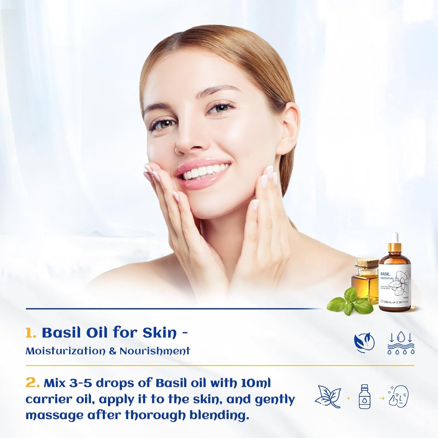 HIQILI Basil Essential Oil, 100% Pure & Natural, Diffuser in Bedroom, Yoga, Mediation for Calming Relaxation Mood, Hair Growth, Body Massage, DIY Sweet Herbal Scented Soap Gifts- 100ML