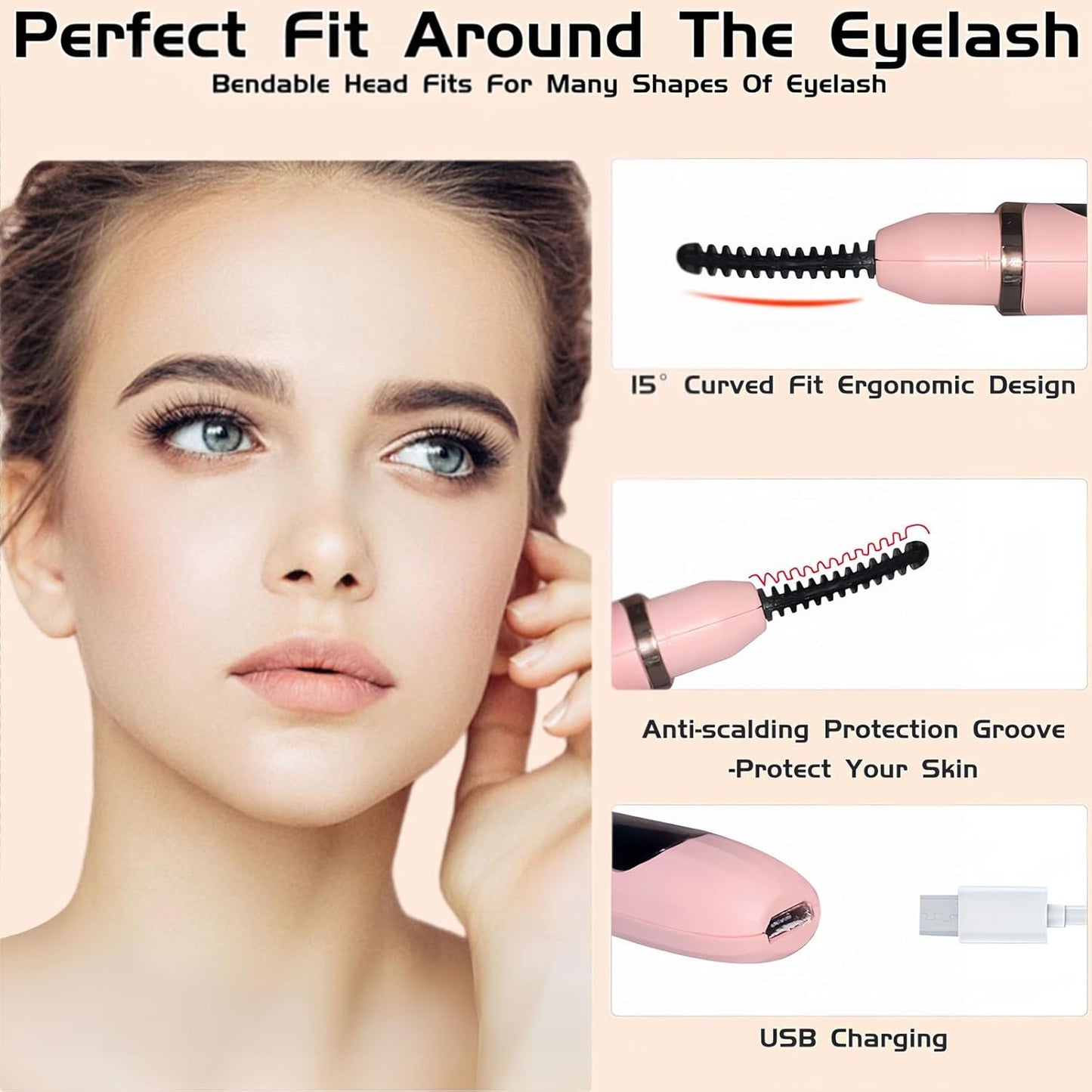 Heated Eyelash Curler with Led Display Electric Eye lash Curler 3 Temp Settings for Makeup Tools for Achieving A Natural Curl and Long Lasting Eyelashes, Designed for Women, Pink