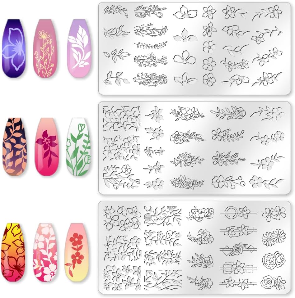 3Pcs Flower Vine Nail Stamping Plate Set Floral Leaves Rose Daisy Nail Stamp Templates Metal Reusable Tools with Stamper Scraper for Manicure Printing